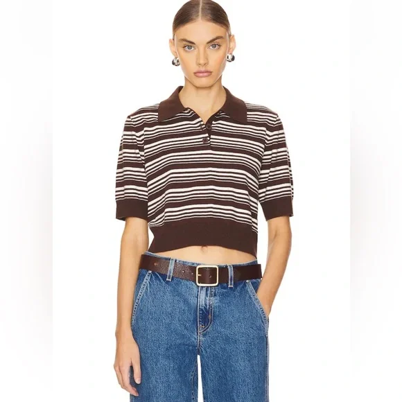 NWT Lovers + Friends Sheeva Stripe Polo in Brown & Ivory Revolve Size M - Picture 1 of 9